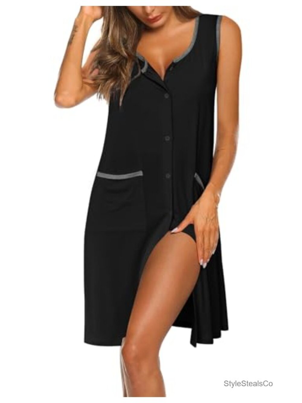 Womens Button Down Sleep Shirt Sleeveless Nightgown Pockets Soft Polyester Blend